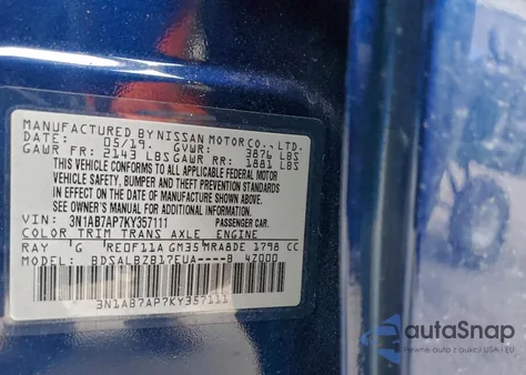 2019 Nissan Sentra S z USA, uszkodzony, nr VIN 3N1AB7AP7KY357111